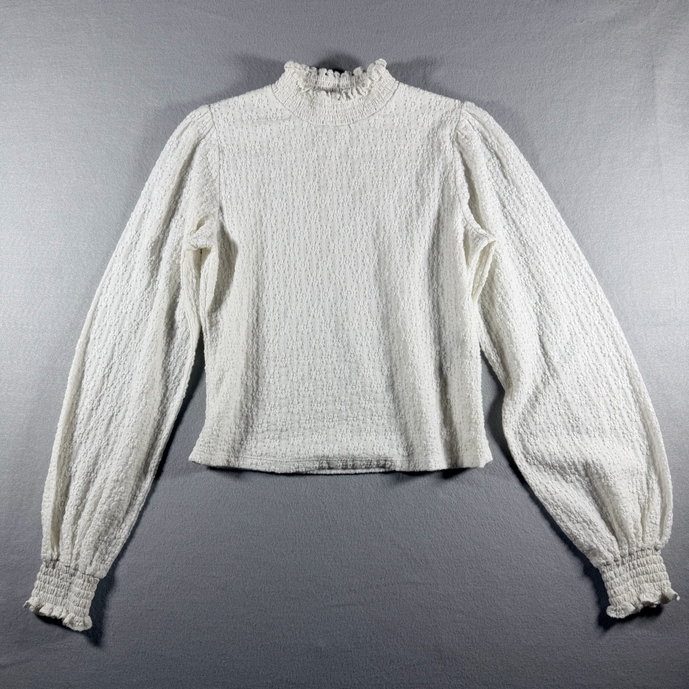 Ever New Women’s Size S White Textured Smocked Mock Neck Long Sleeve Top